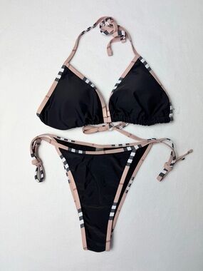 Black Triangle Bikini Set Plaid
Trim Tie Side Halter Size M NWOT